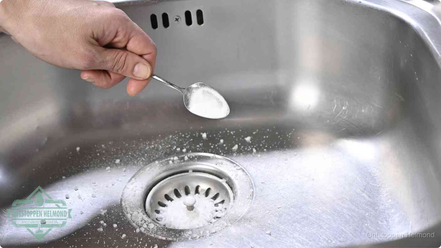 Een hand strooit met een lepel soda in de afvoer van een roestvrijstalen spoelbak, de soda en azijn huismiddel-methode om de afvoer te ontstoppen in Helmond