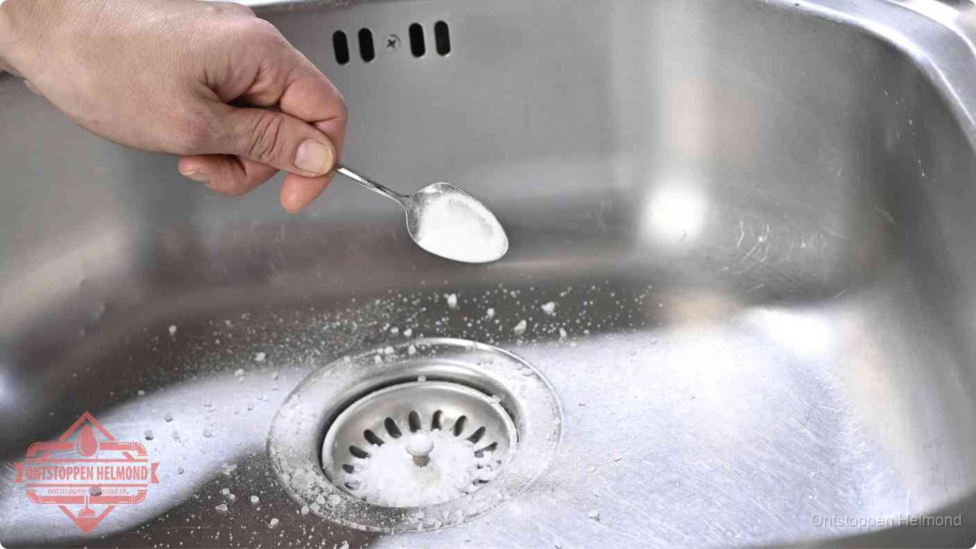 Hand strooit soda in de afvoer, riool ontstoppen met soda en azijn in Helmond